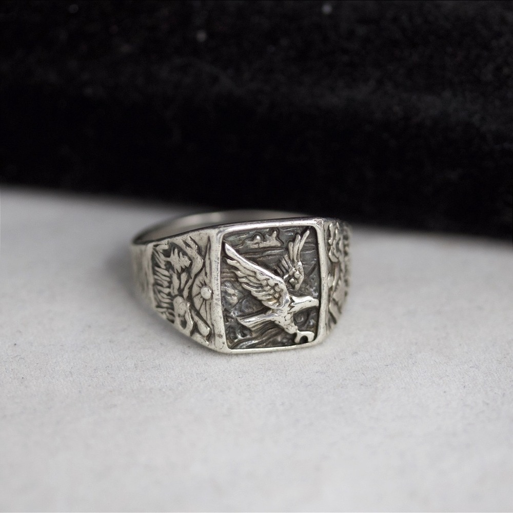 Vintage Sterling Silver 925 Eagle Signet Ring Size 12.5 Soaring Bird Nature Scen - Picture 4 of 9